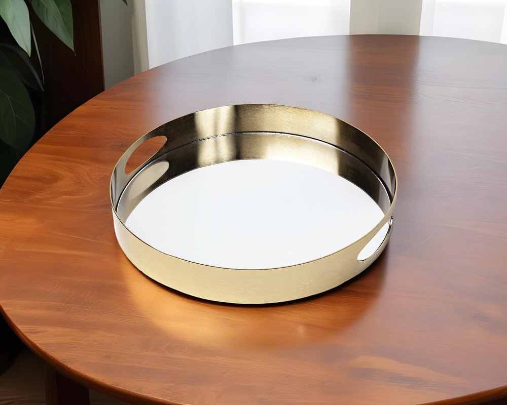 15" Gold And Mirrored Glass Round Metal Tray With Handles HomeRoots