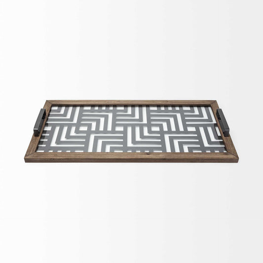 32" Brown and Black Glass Metal And Wood Geometric Serving Tray With Handles HomeRoots