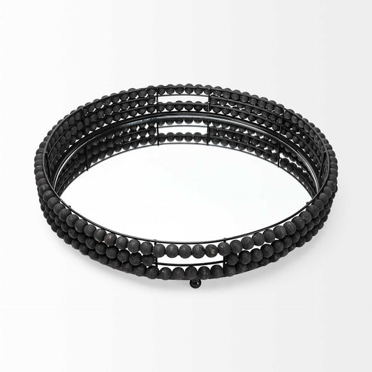 21" Matte Black Wood With Bead Mirrored Glass Bottom Round Tray HomeRoots