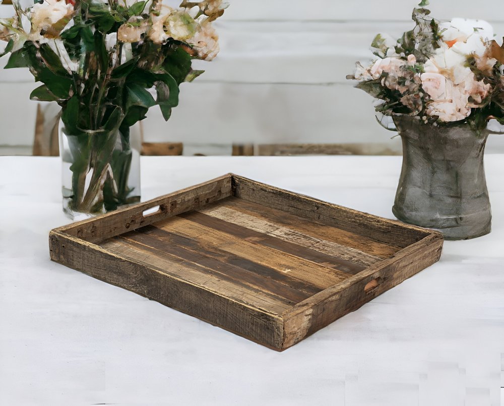 30" Brown Square Reclaimed Wood Serving Tray With Handles HomeRoots