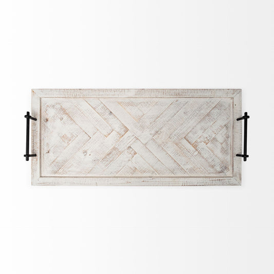 35" White and Natural Wood Indoor Outdoor Tray With Handles HomeRoots