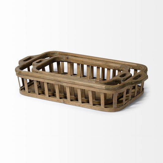 Set of Two Brown Wood Indoor Outdoor Tray With Handles HomeRoots