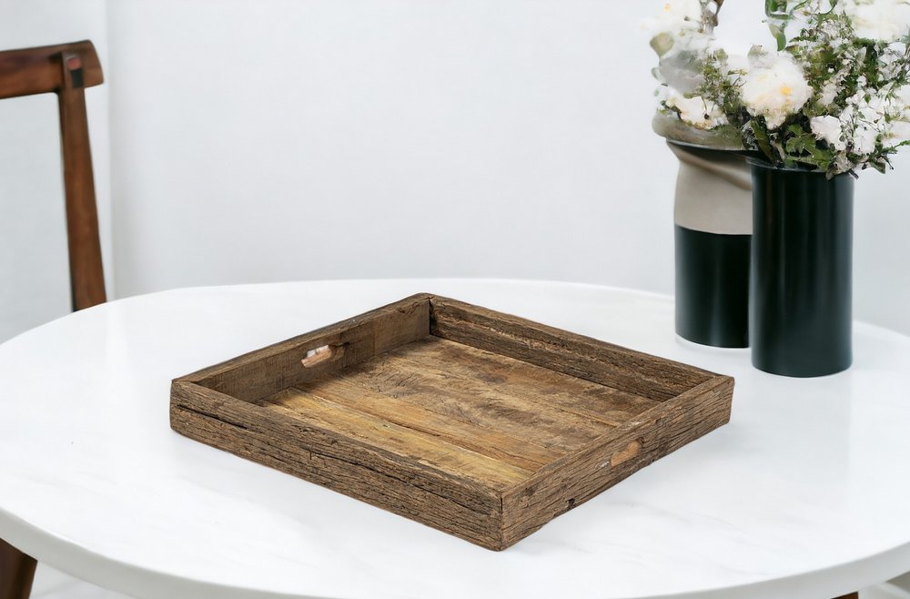 24" Brown Square Reclaimed Wood Tray With Handles HomeRoots