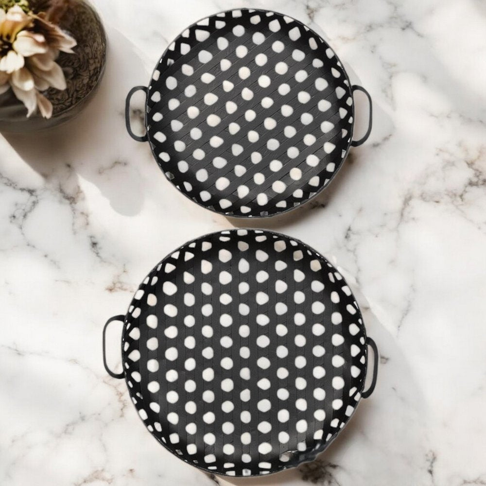 Set of Two Black Round Metal Indoor Outdoor Tray With Handles HomeRoots