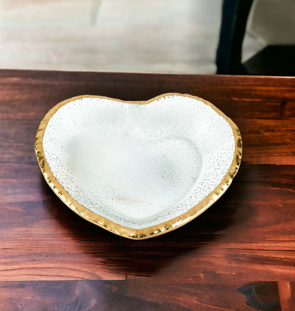 8" Mouth Blown Seeded Glass Heart Plate with Gold Rim HomeRoots