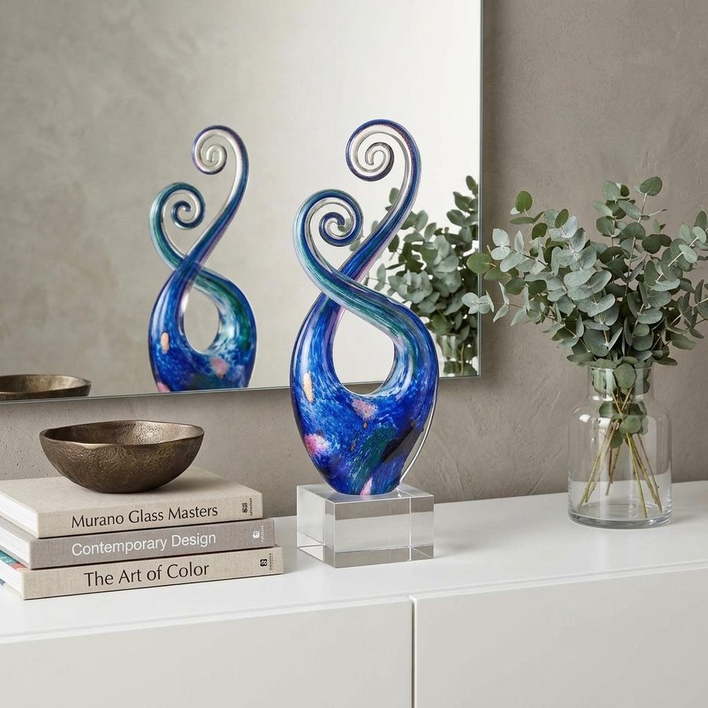 12" Blue and Green Murano Glass Modern Abstract Tabletop Sculpture HomeRoots