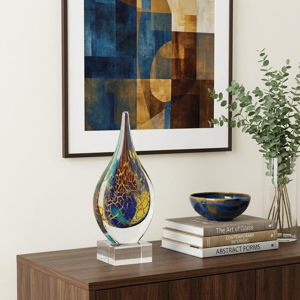 12" Blue and Yellow Murano Glass Modern Abstract Tabletop Sculpture HomeRoots