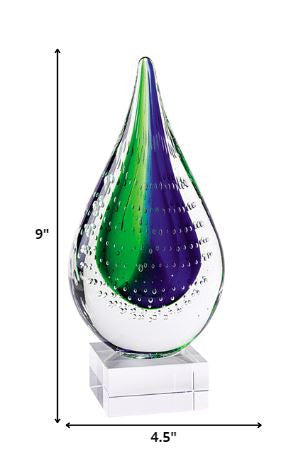 9" Clear Blue and Green Murano Glass Modern Abstract Tabletop Sculpture HomeRoots