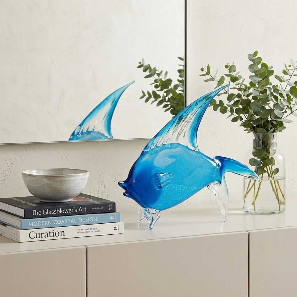 16" Blue Murano Glass Fish Figurine Tabletop Sculpture HomeRoots