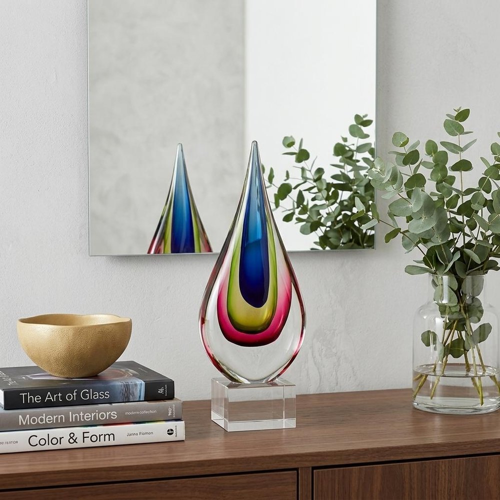 12" Clear Red Blue Yellow Murano Glass Modern Abstract Tabletop Sculpture HomeRoots