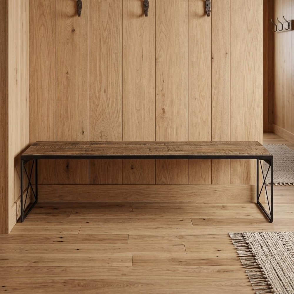 66" Brown And Black Metal and Solid Wood Bench HomeRoots