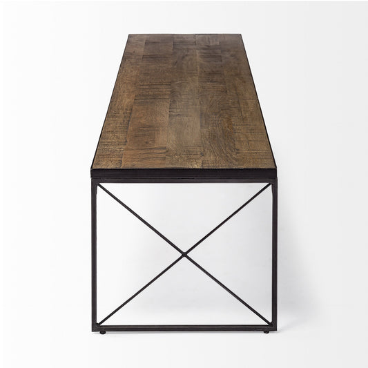 66" Brown And Black Metal and Solid Wood Bench HomeRoots