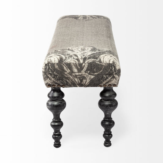 55" Gray and Black Upholstered Cotton Blend Floral Distressed Bench HomeRoots