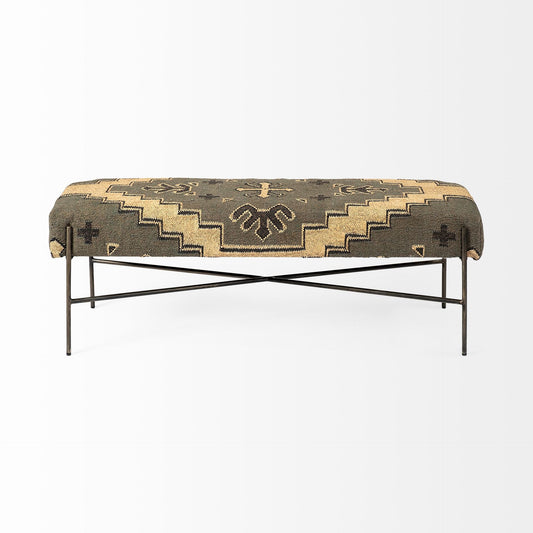 55" Brown Green And Black Abstract Cotton Blend And Iron Upholstered Entryway Stool