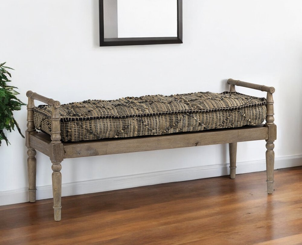 57" Beige And Brown Upholstered Cotton Blend Bench HomeRoots