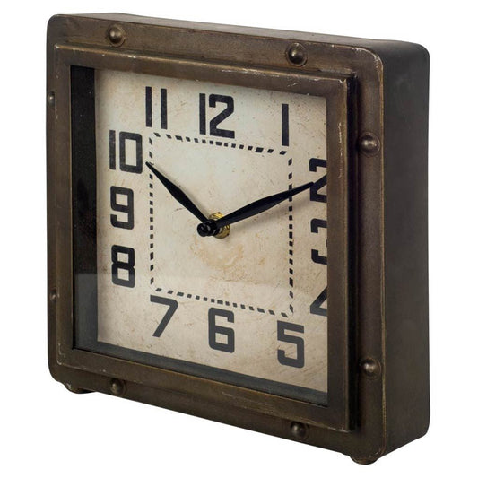 Square Bronze Toned Metal Desk Table Clock With Traditional Black Numbers And Hands HomeRoots