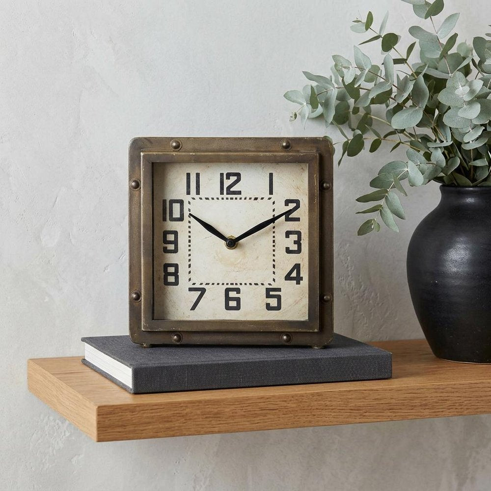 Square Bronze Toned Metal Desk Table Clock With Traditional Black Numbers And Hands HomeRoots