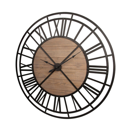 59" Black And Brown Metal and Solid Wood Skeleton Circle Wall Clock HomeRoots