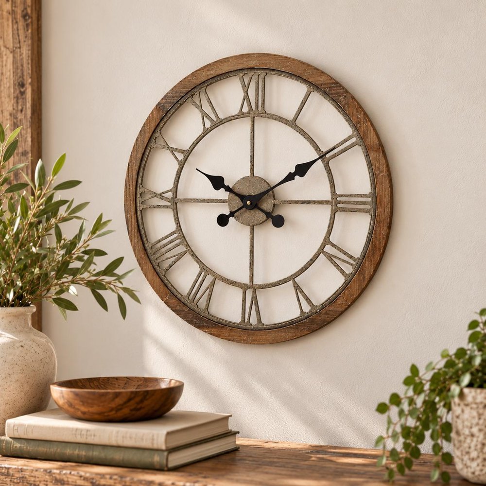19" Brown Round Modern Farm Wall Clock