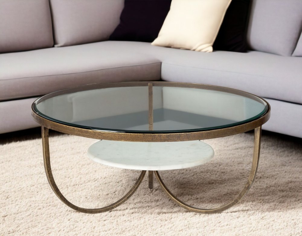 36" Brown and Gold Wood and Metal Round Coffee Table With Shelf HomeRoots