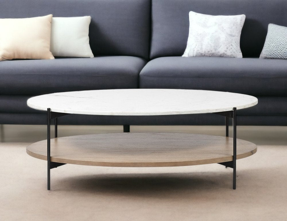 48" Brown and Black Genuine Marble and Metal Oval Coffee Table With Shelf HomeRoots
