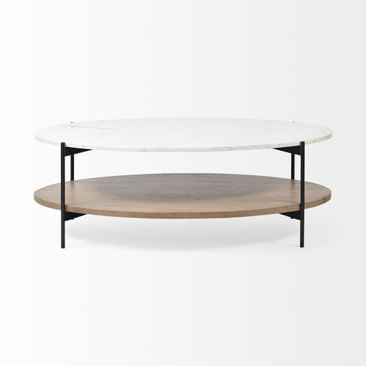 48" Brown and Black Genuine Marble and Metal Oval Coffee Table With Shelf HomeRoots