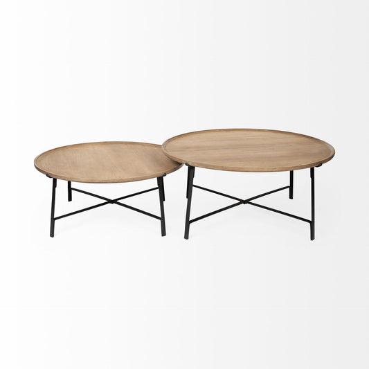 Set of Two Brown and Black Solid Wood and Iron Round Nested Coffee Tables HomeRoots