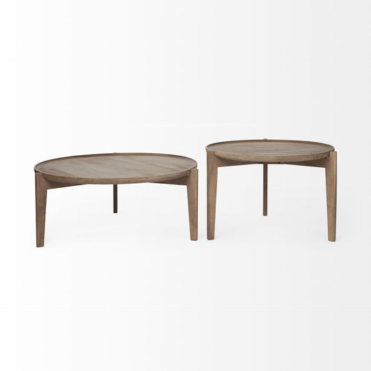 Set of Two Brown Solid Wood Round Nested Coffee Tables