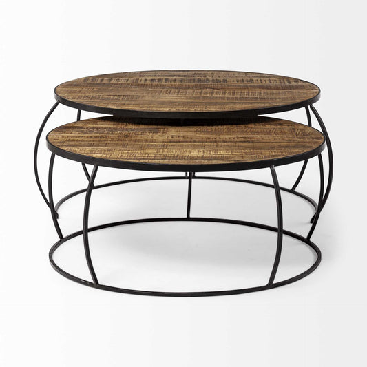 Brown and Black Wood and Metal Round Nested Coffee Tables HomeRoots