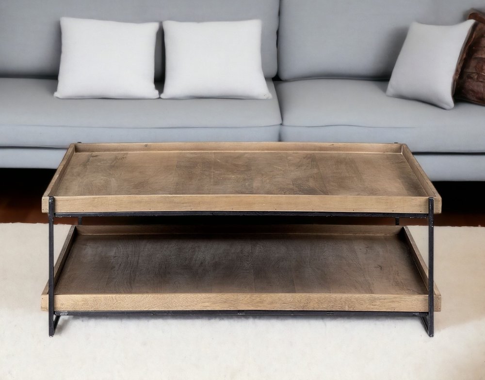 46" Natural and Black Solid Wood and Metal Coffee Table With Shelf HomeRoots