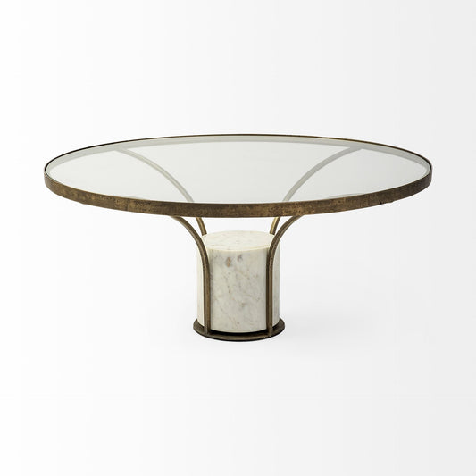 36" Antiqued Gold And White Glass Iron and Marble Round Pedestal Coffee Table HomeRoots