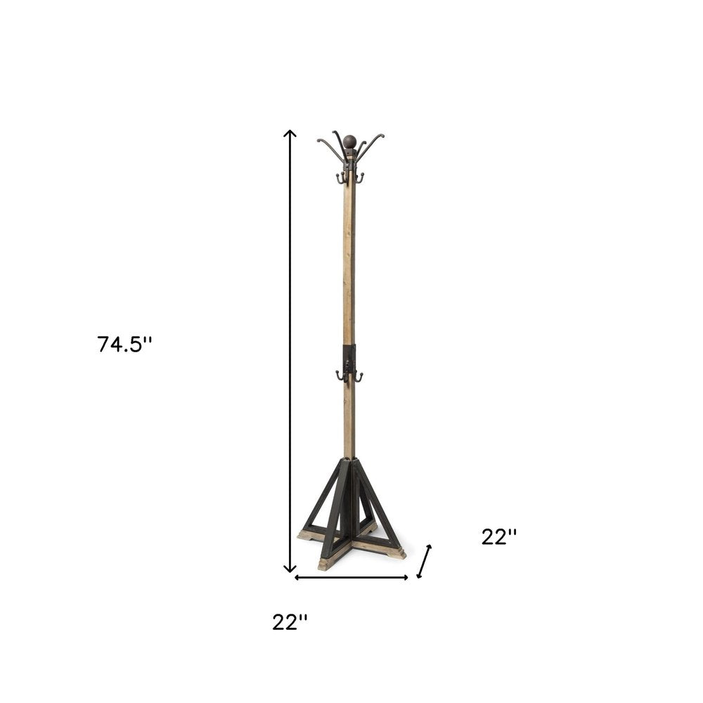 75" Black And Brown Solid Wood And Steel Twelve Hook Freestanding Coat Rack HomeRoots