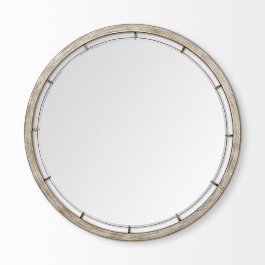 54" Brown Round Wood And Metal Framed Accent Mirror