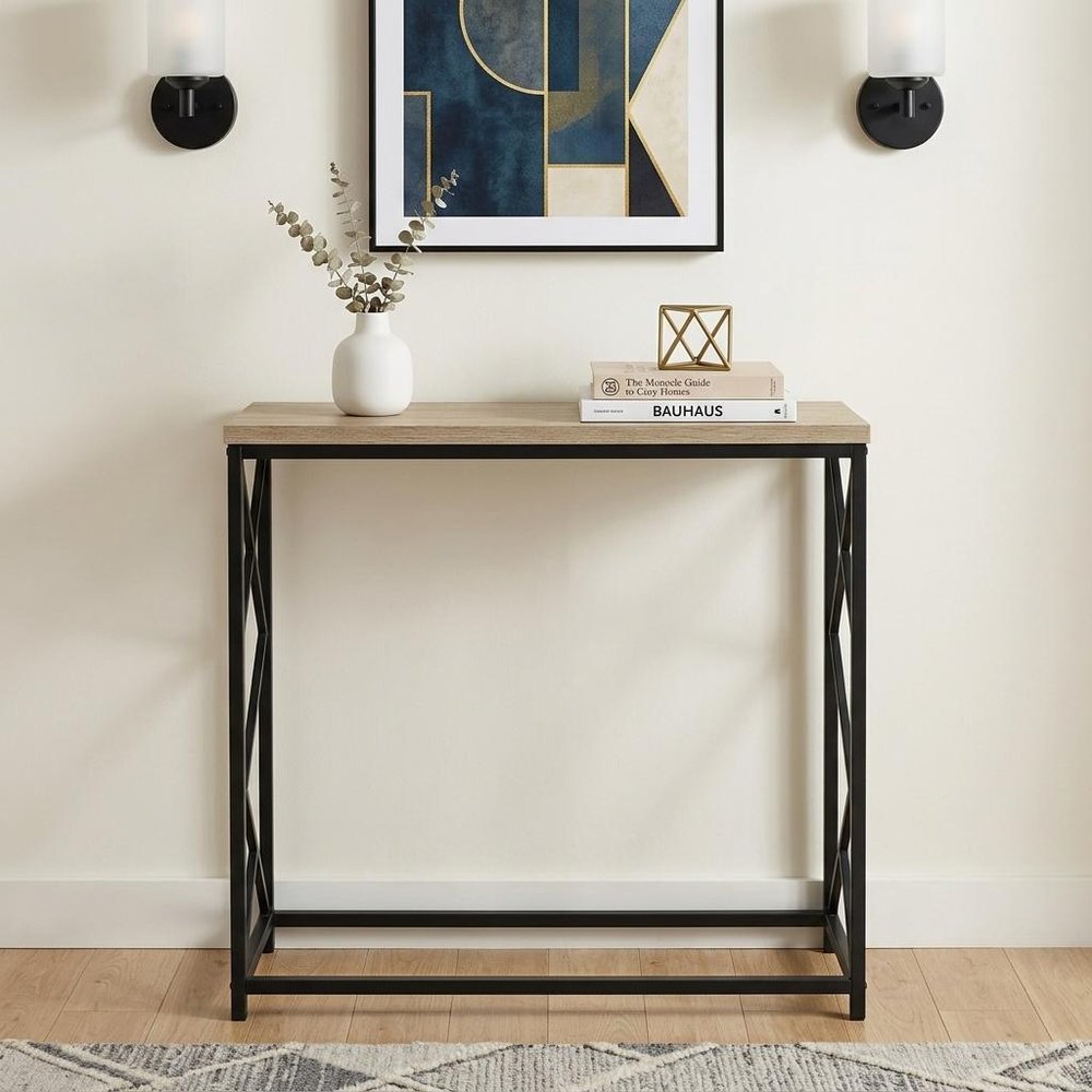44" Taupe and Black Wood and Metal Frame Console Table HomeRoots