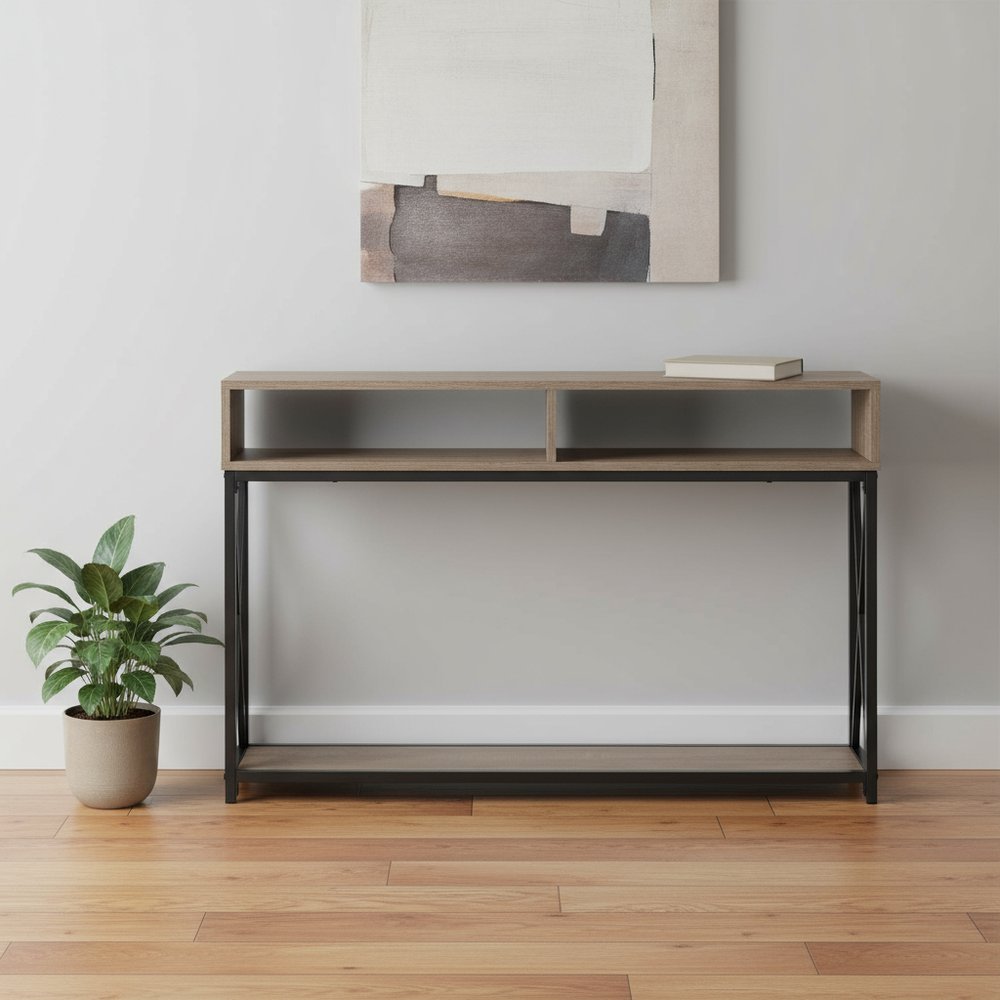 47" Taupe and Black Wood and Metal Frame Console Table With Three Shelves HomeRoots