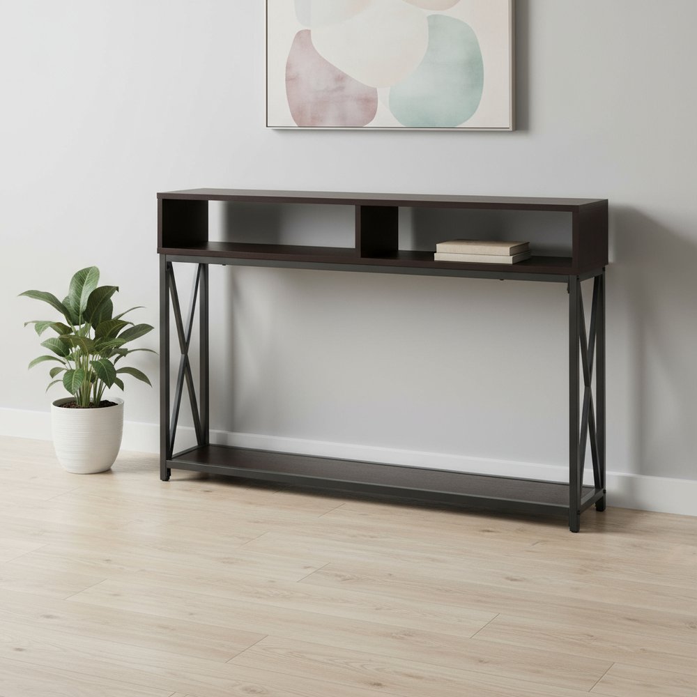 47" Brown and Black Frame Console Table With Shelves HomeRoots
