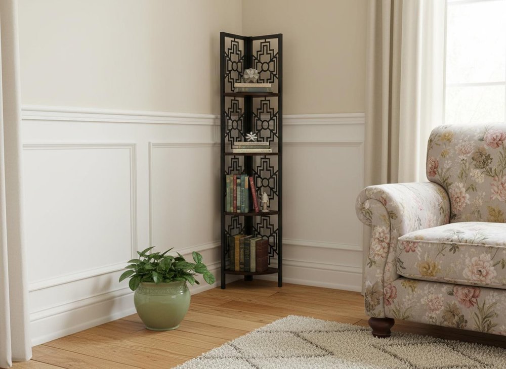 Espresso Metal Four Tier Corner Bookcase HomeRoots