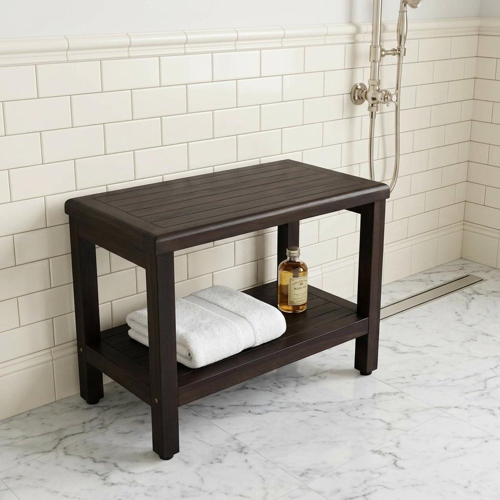 Rectangular Teak Shower Bench With Shelf In Brown Finish HomeRoots