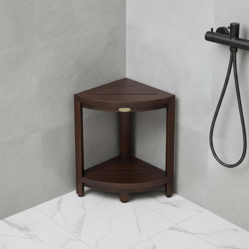 Compact Triangular Teak Shower Outdoor Bench With Shelf In Brown Finish HomeRoots