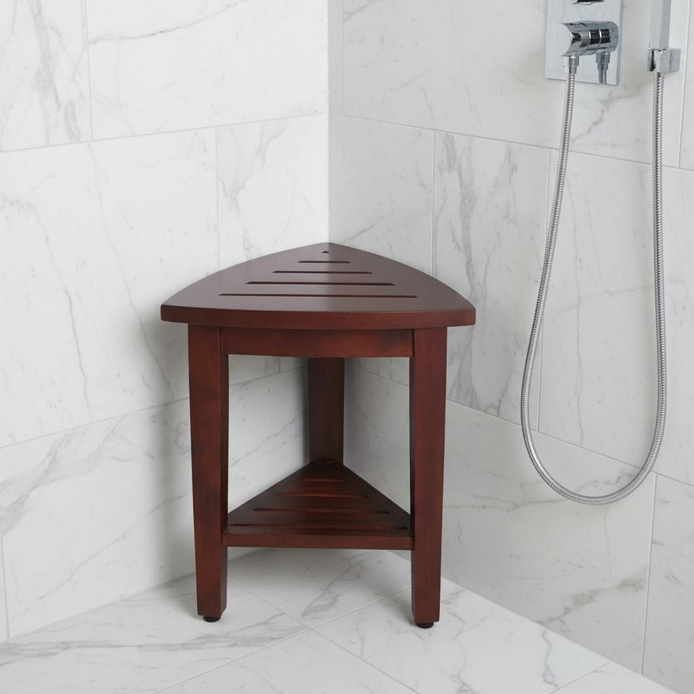 Compact Teak Corner Shower Outdoor Bench With Shelf In Brown Finish HomeRoots