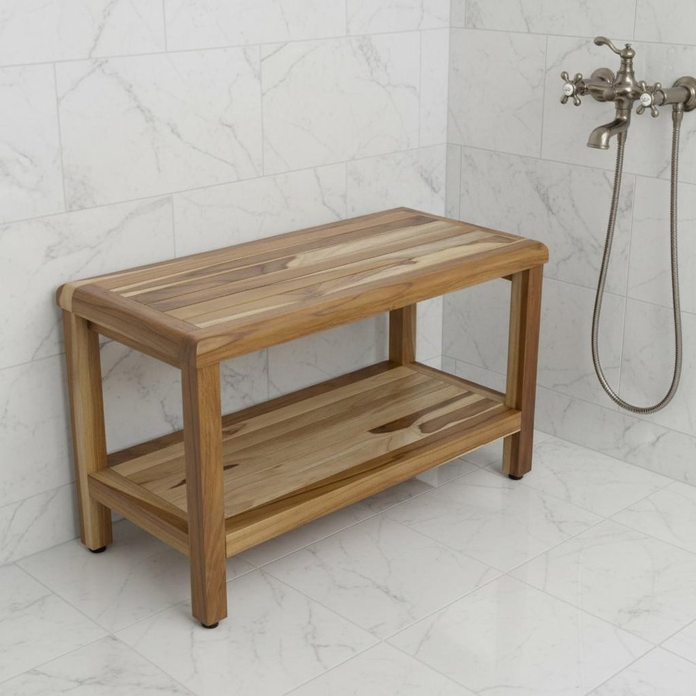 Rectangular Teak Shower Bench With Shelf In Natural Finish HomeRoots