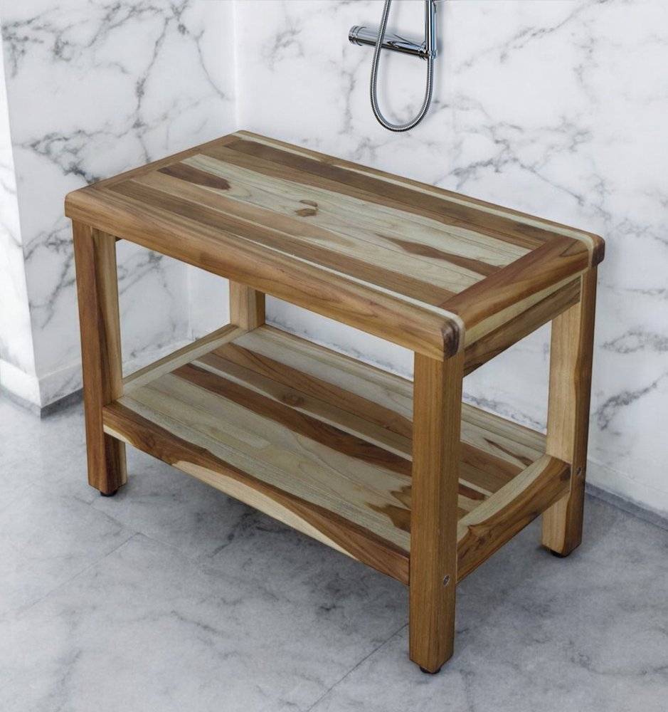 24" Natural Teak Rectangular Shower Bench With Shelf HomeRoots