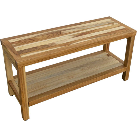 36" Natural Solid Teak Rectangular Shower Bench With Shelf HomeRoots