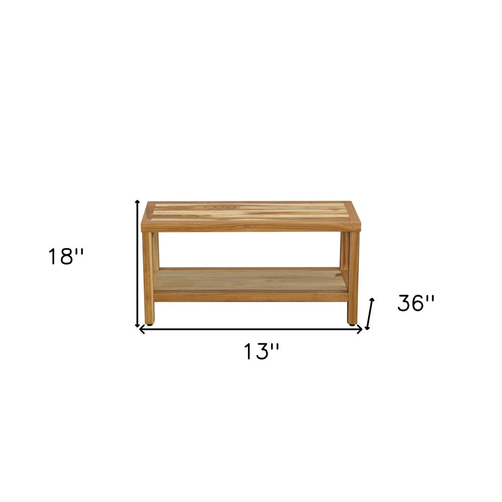 36" Natural Solid Teak Rectangular Shower Bench With Shelf HomeRoots