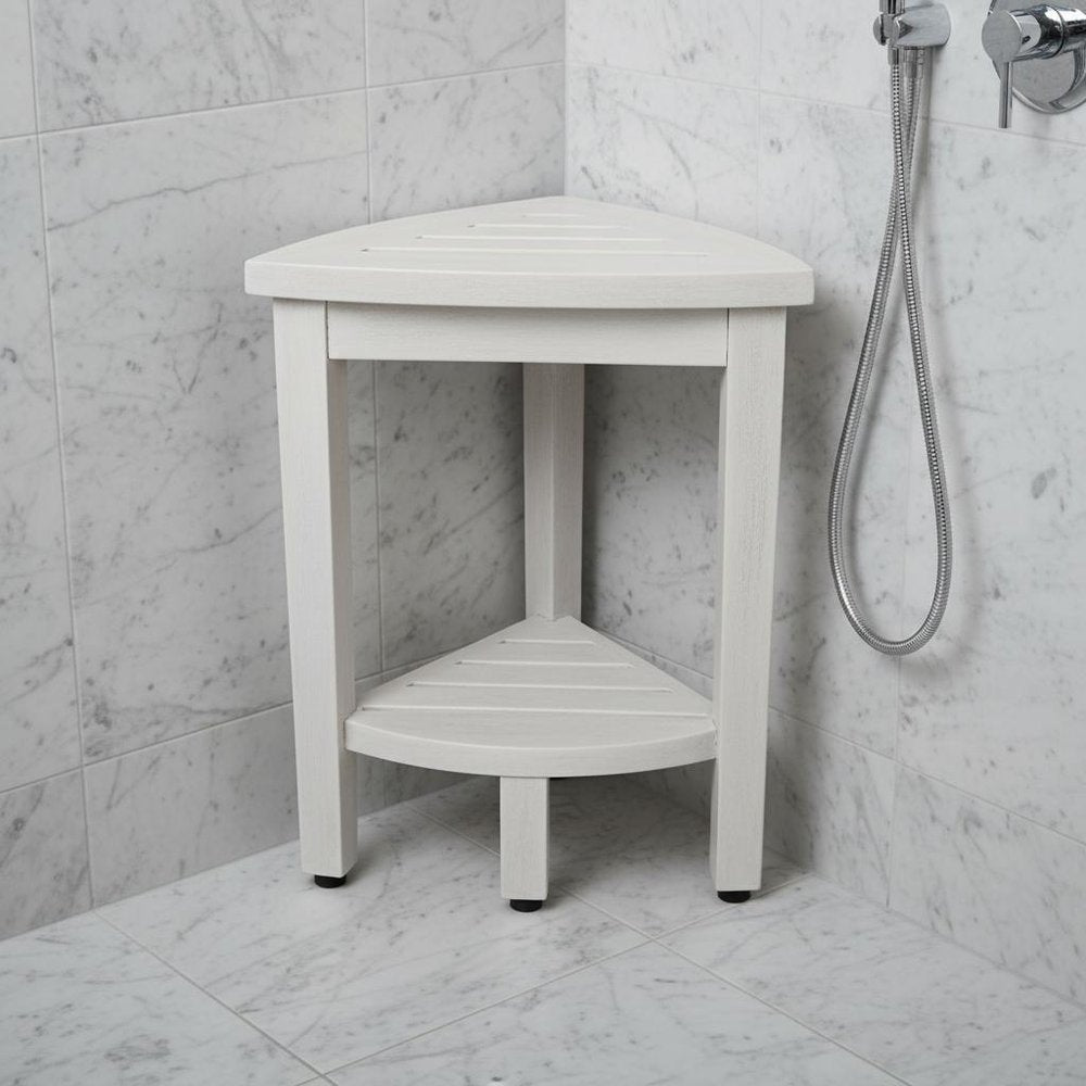 Compact Teak Corner Shower Stool With Shelf In Whitewash Finish HomeRoots