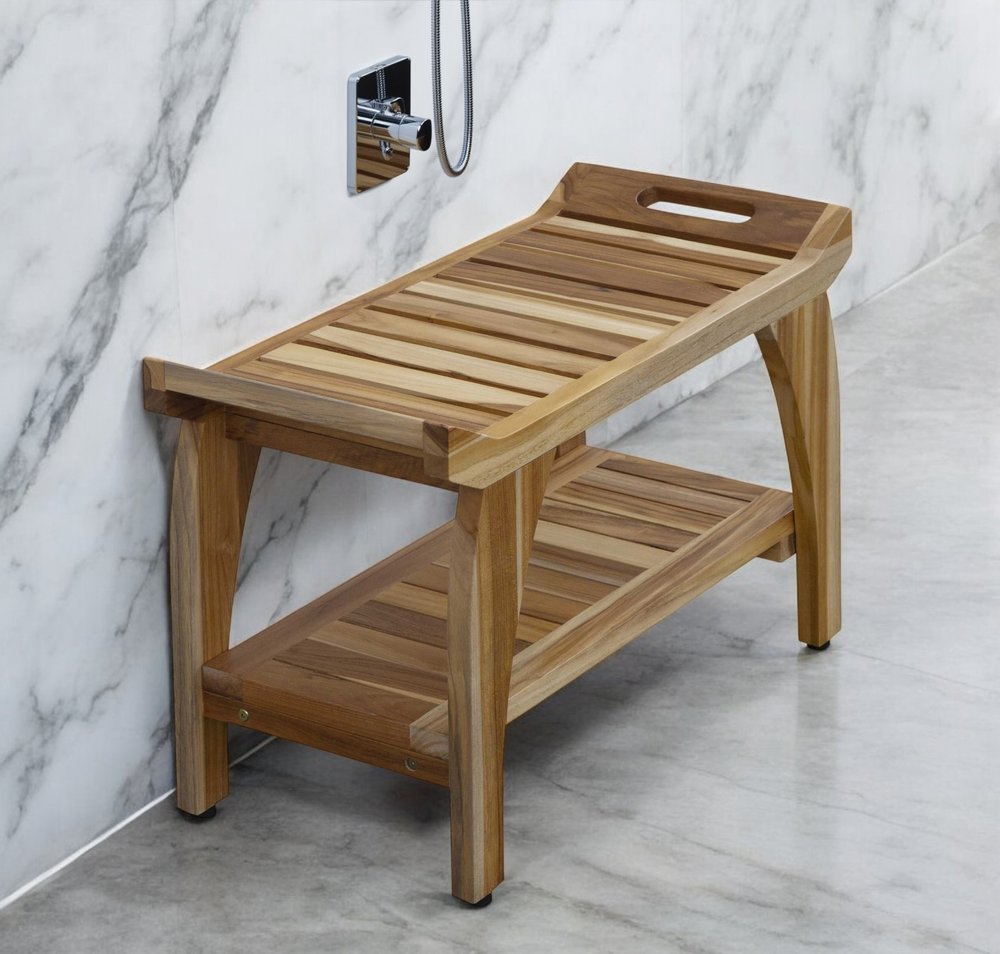 29" Teak Rectangular Shower Outdoor Bench With Handles In Natural Finish HomeRoots