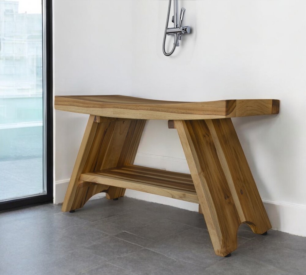 35" Teak Rectangular Shower Outdoor Bench With Shelf In Natural Finish HomeRoots
