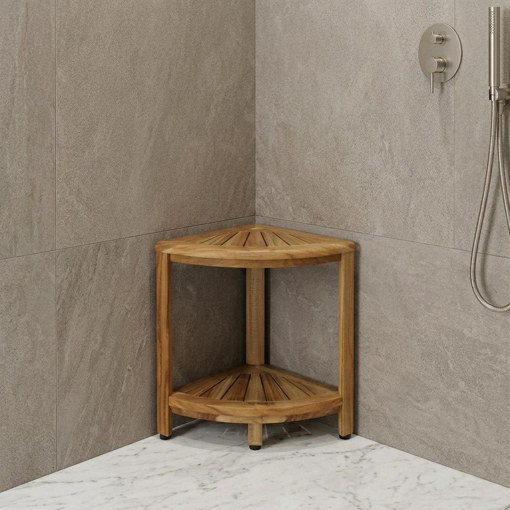 17" Brown Teak Corner Shower Bench With Shelf HomeRoots