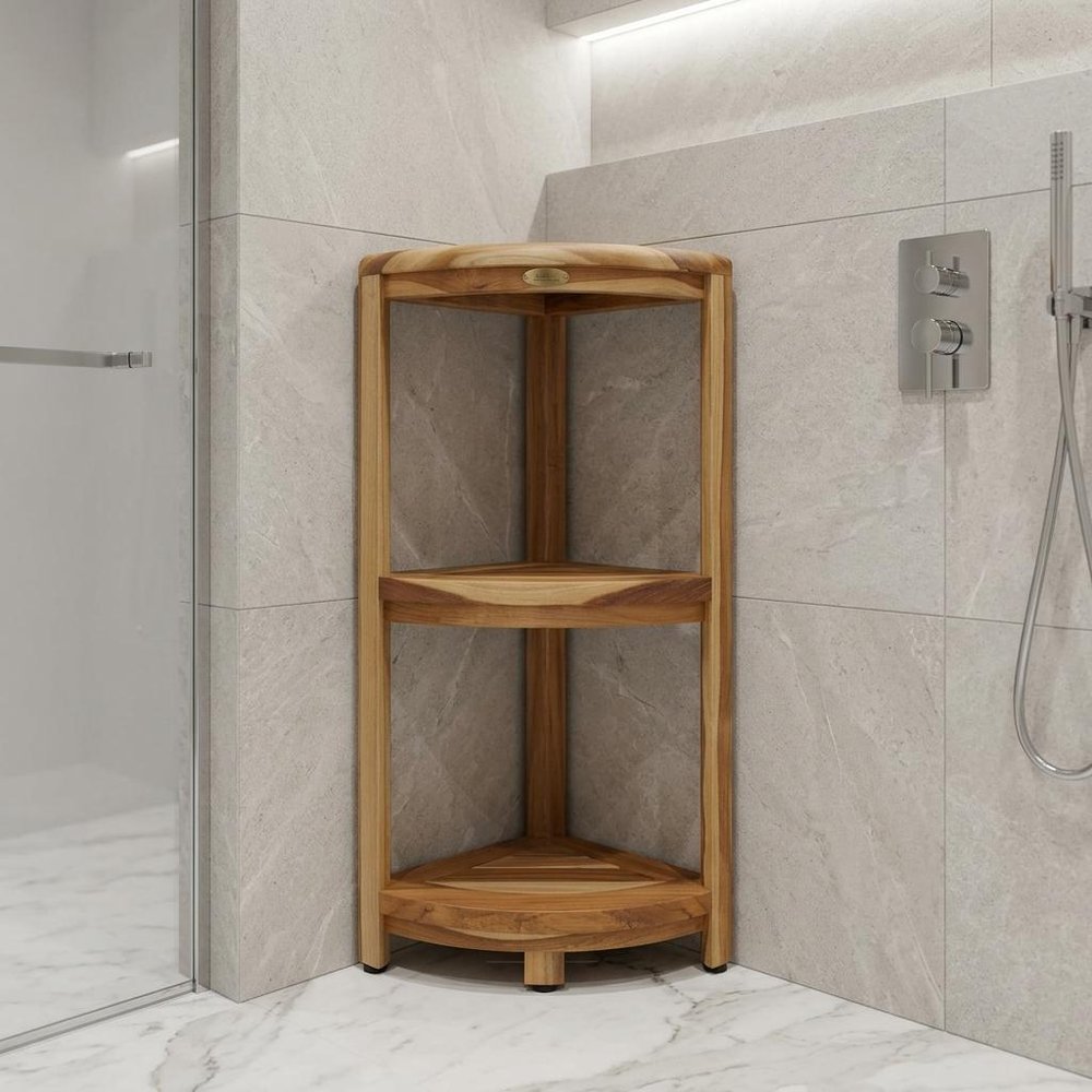 33" Natural Teak Corner Shower Bench With Shelf HomeRoots