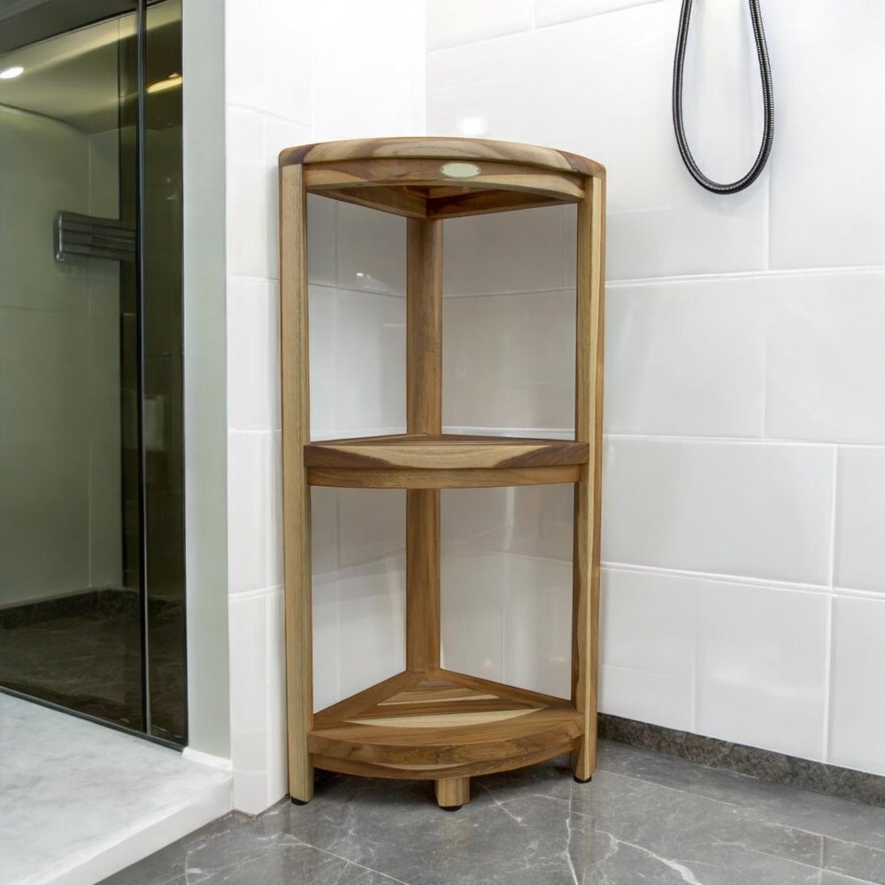 33" Natural Teak Corner Shower Bench With Shelf HomeRoots